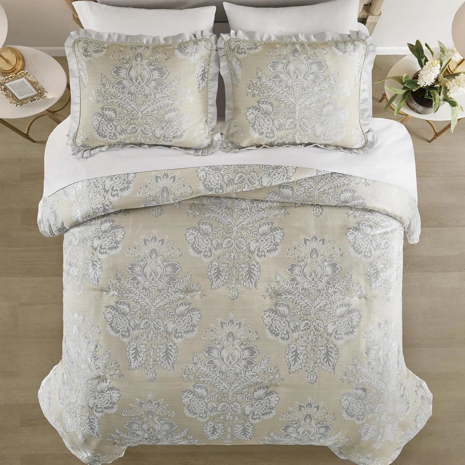 CROSCILL Queen Comforter Set, Luxe Chenille Jacquard Floral Medallion, Microfiber Twill Comforter for a Queen-Size Bed, Oversized Comforter Queen Bedding, 2 Shams & Bedskirt, Loretta, Beige 4 Piece