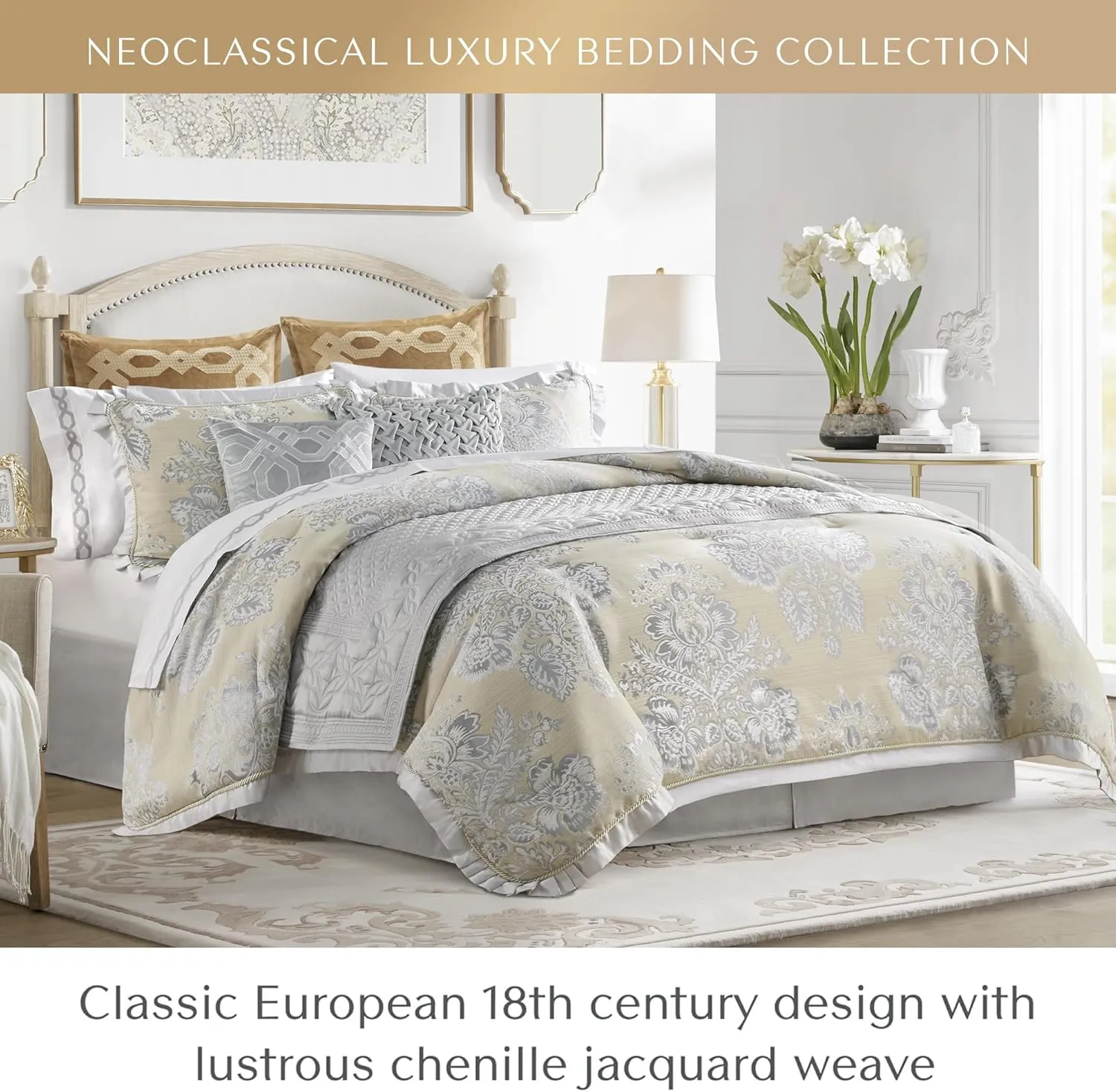 CROSCILL Queen Comforter Set, Luxe Chenille Jacquard Floral Medallion, Microfiber Twill Comforter for a Queen-Size Bed, Oversized Comforter Queen Bedding, 2 Shams & Bedskirt, Loretta, Beige 4 Piece