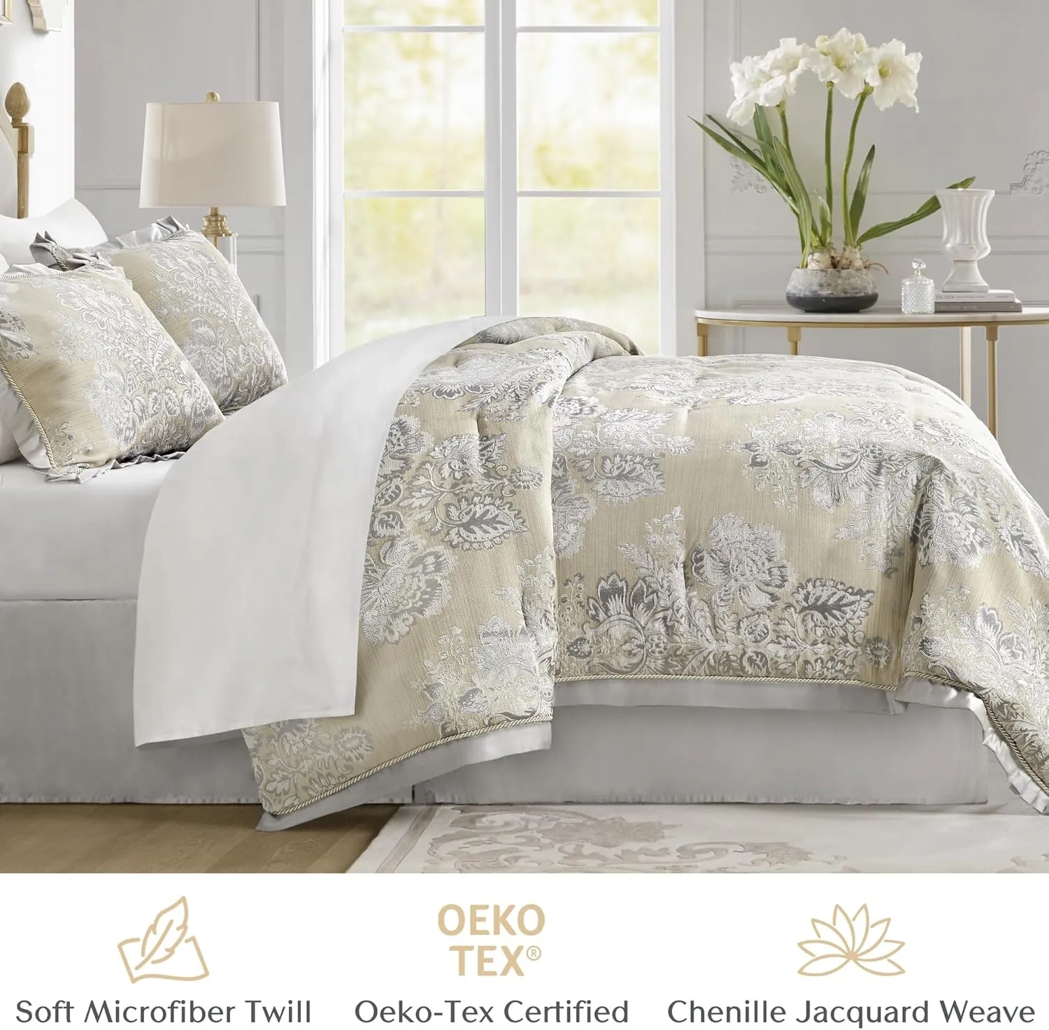 CROSCILL Queen Comforter Set, Luxe Chenille Jacquard Floral Medallion, Microfiber Twill Comforter for a Queen-Size Bed, Oversized Comforter Queen Bedding, 2 Shams & Bedskirt, Loretta, Beige 4 Piece