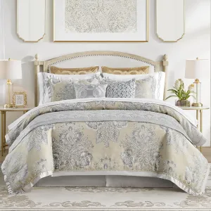 CROSCILL Queen Comforter Set, Luxe Chenille Jacquard Floral Medallion, Microfiber Twill Comforter for a Queen-Size Bed, Oversized Comforter Queen Bedding, 2 Shams & Bedskirt, Loretta, Beige 4 Piece