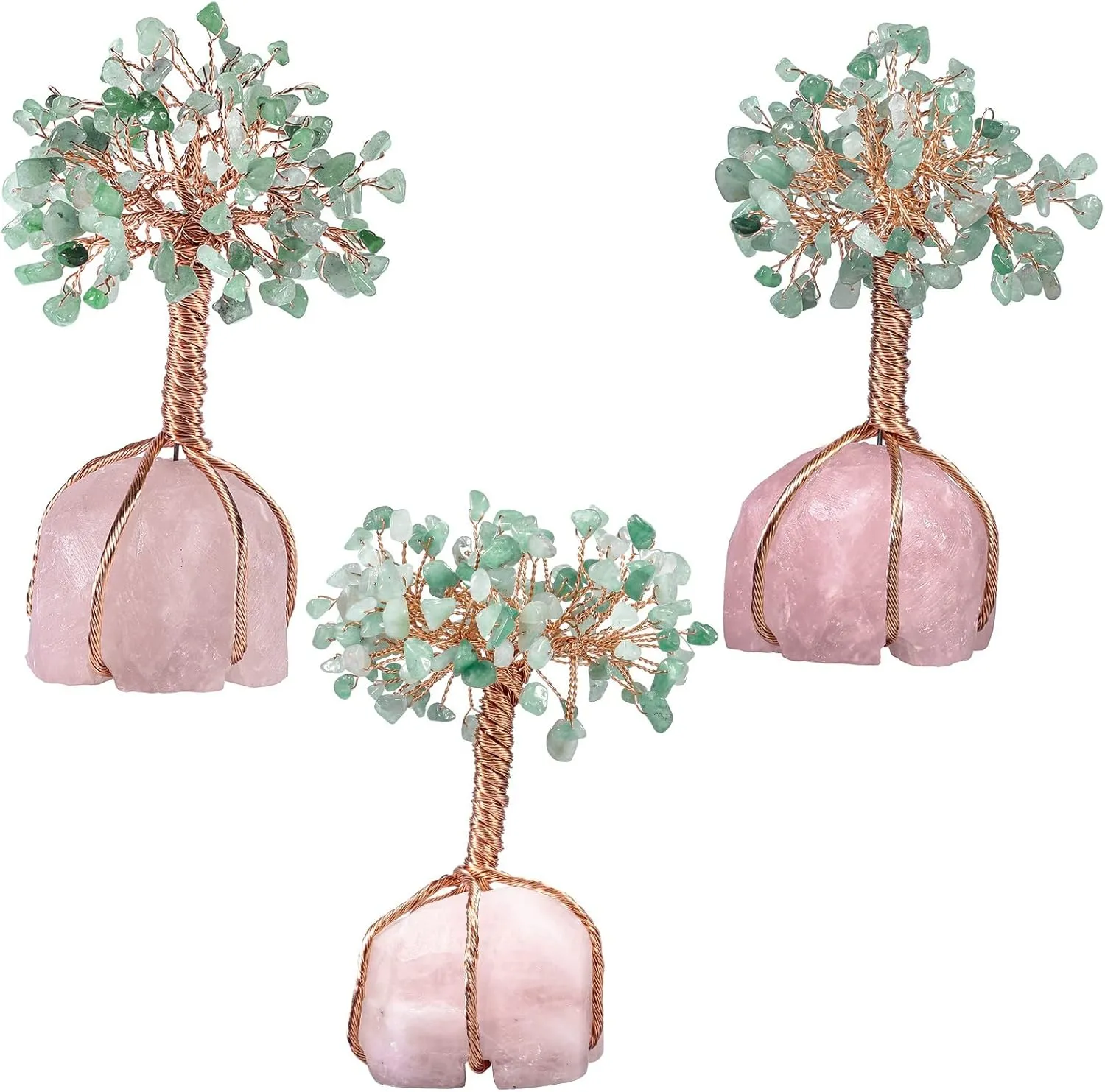 Crystal Copper Tree Wrapped with Raw Rose Quartz Base, Bonsai Tree for Home Office Living-Room Decor, Green Aventurine