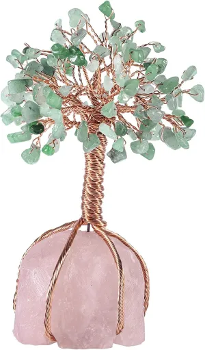Crystal Copper Tree Wrapped with Raw Rose Quartz Base, Bonsai Tree for Home Office Living-Room Decor, Green Aventurine