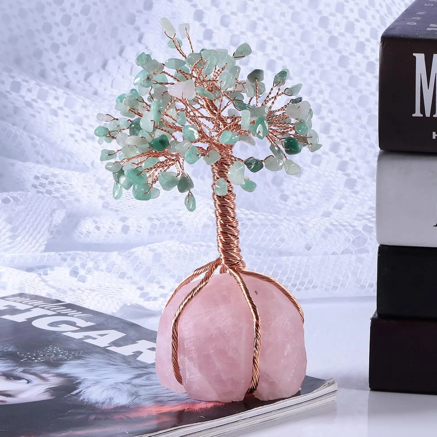 Crystal Copper Tree Wrapped with Raw Rose Quartz Base, Bonsai Tree for Home Office Living-Room Decor, Green Aventurine