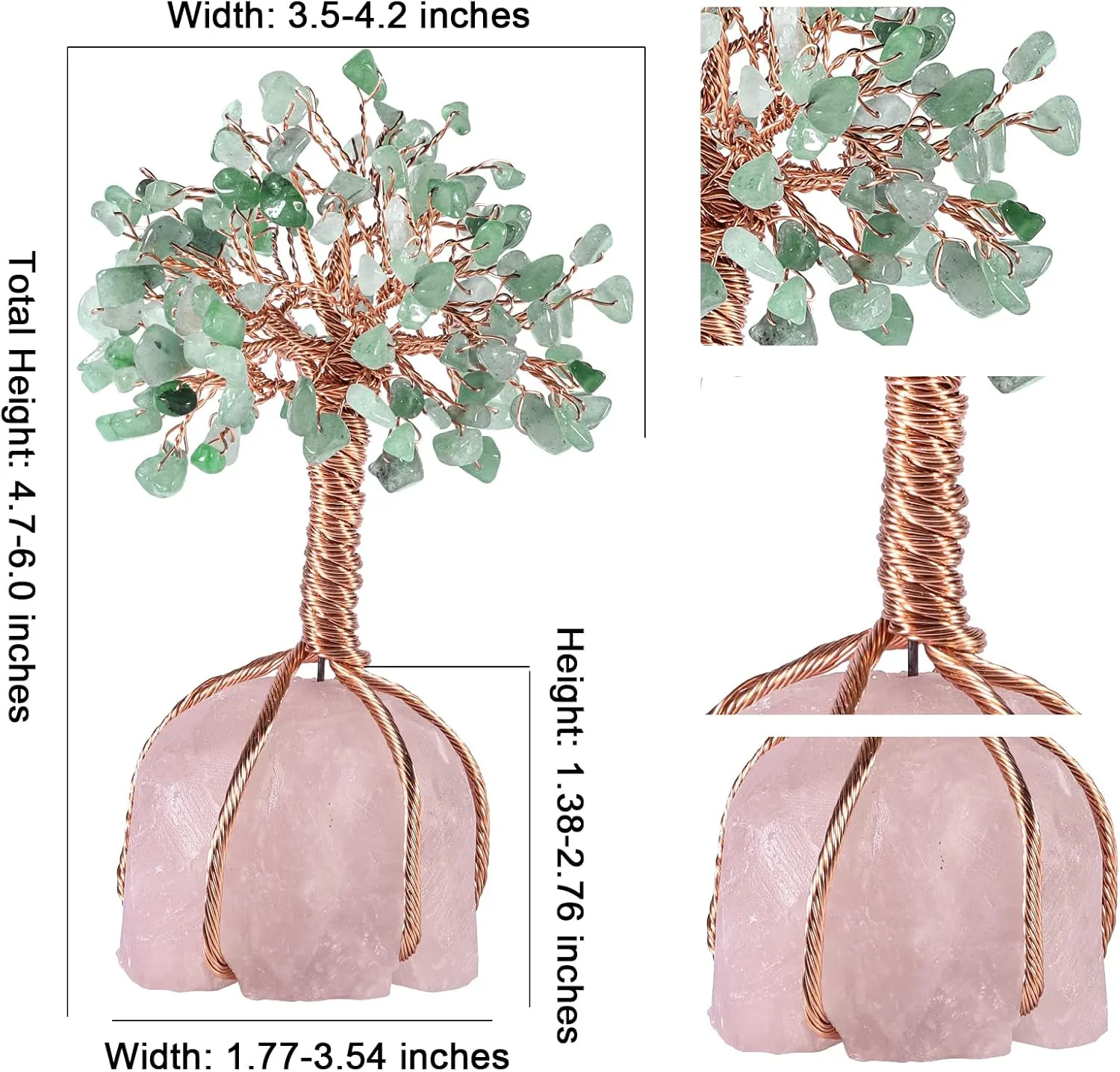 Crystal Copper Tree Wrapped with Raw Rose Quartz Base, Bonsai Tree for Home Office Living-Room Decor, Green Aventurine