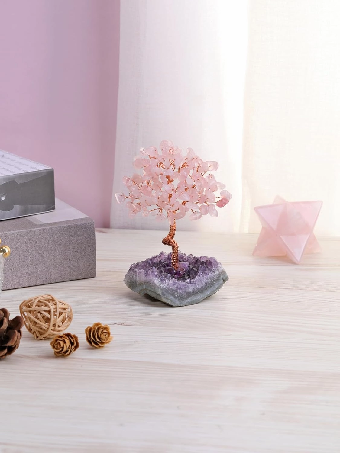 CrystalTears Rose Quartz Crystal Tree Handmade Healing Crystal Gemstone Tree Life Wire Wrapped Amethyst Cluster Geode Base Pink Stone Trees for Home Office Decor Gifts for Christmas Birthday