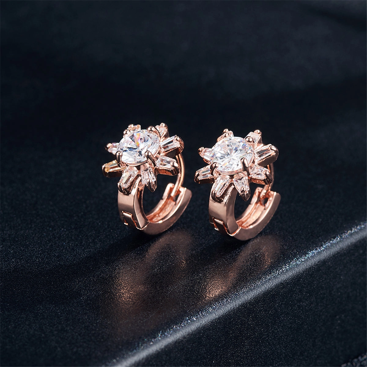 Cubic Zirconia & 18K Rose Gold-Plated Flower Huggie Earrings