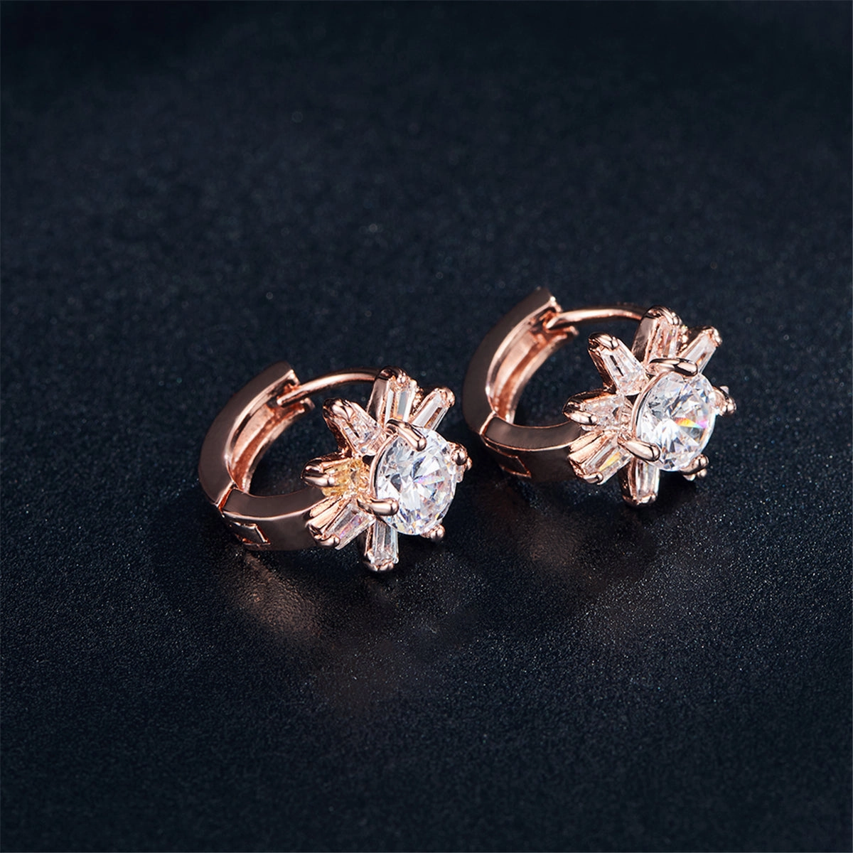 Cubic Zirconia & 18K Rose Gold-Plated Flower Huggie Earrings