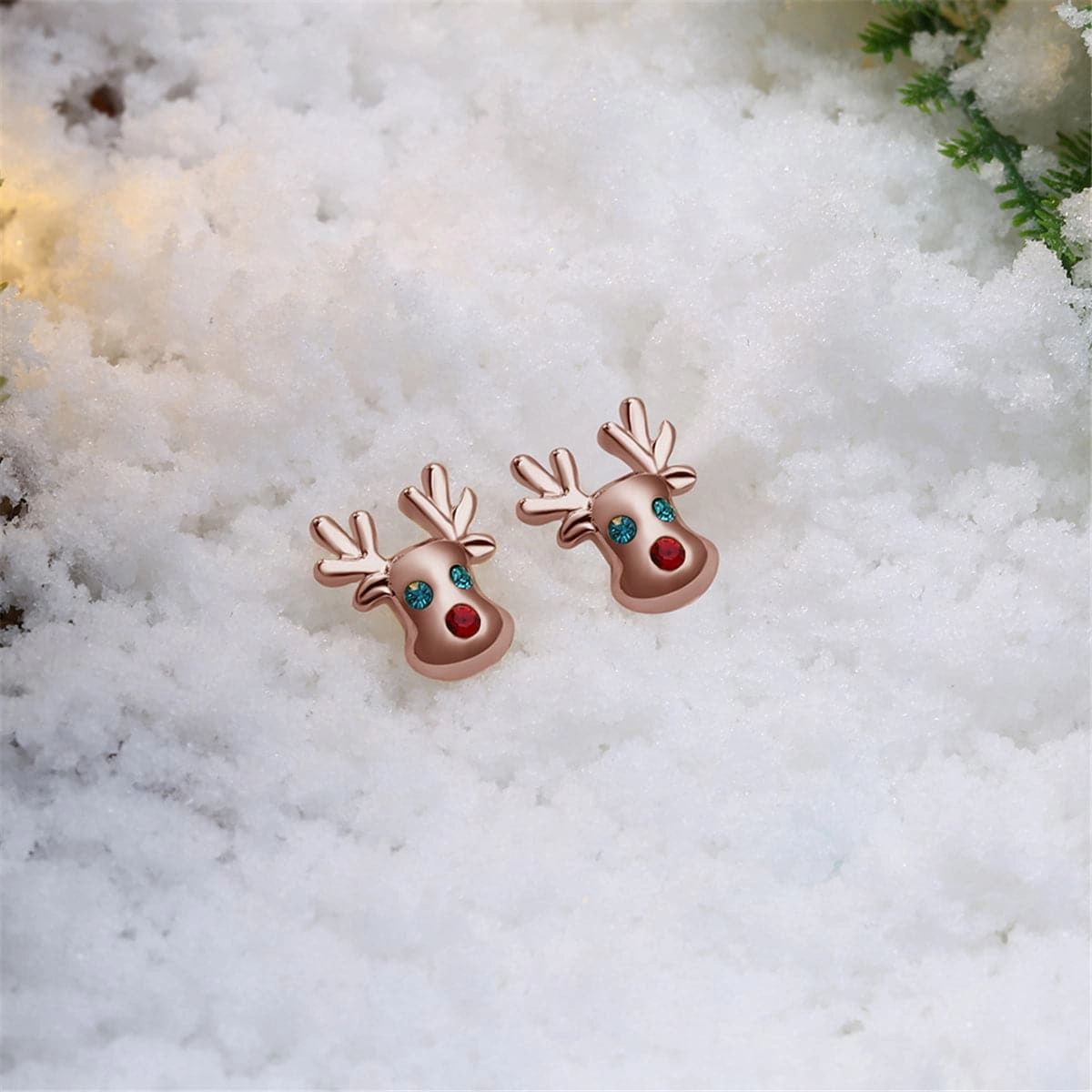 Cubic Zirconia & 18K Rose Gold-Plated Reindeer Stud Earrings