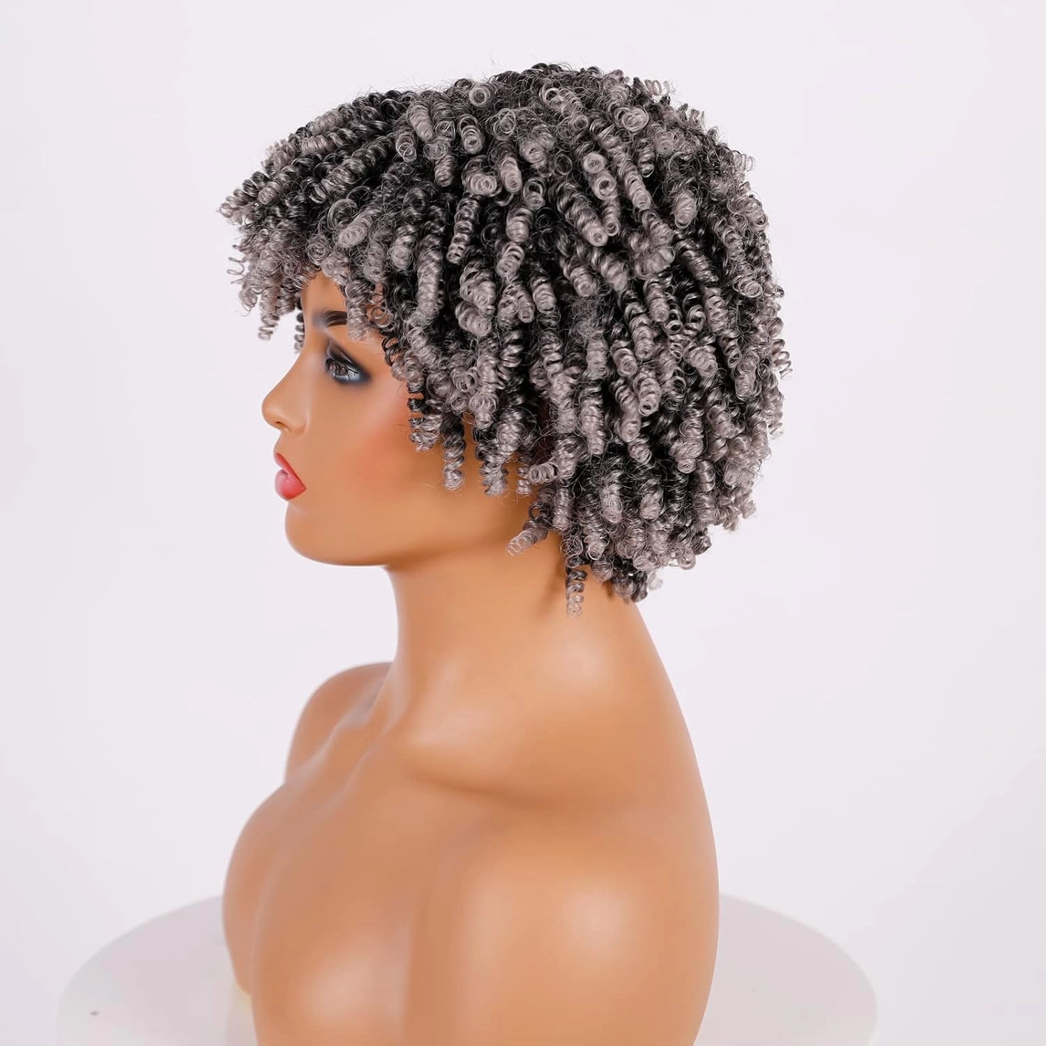 Curly Afro Wig, Kinky Curly Synthetic Grey Wigs for Blcak Women Afro Kinky Curly Wig with Bangs Curly Cosplay Wigs(Silver Grey)