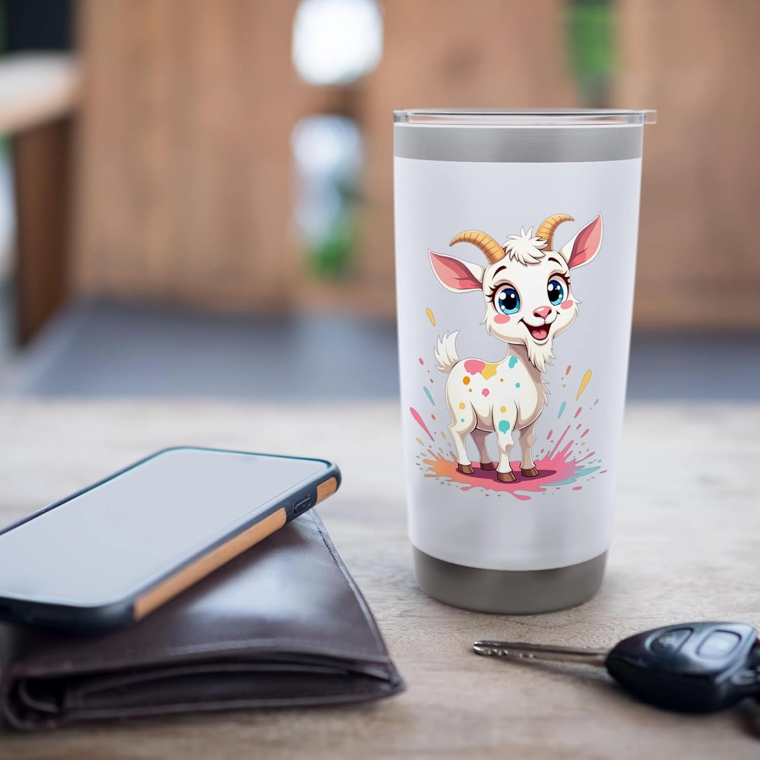 Cute Cartoon Goat with Colorful Splashes Stainless Steel Insulated Tumbler