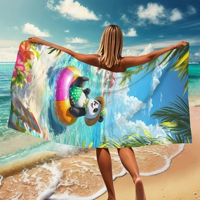 Cute Panda Microfiber Beach Towel Bright Tropical Print Soft Quick Dry Absorbent Sand Free Lightweight Bath Blanket, Summer Vacation Pool Picnic Essentials 70x35 Inch