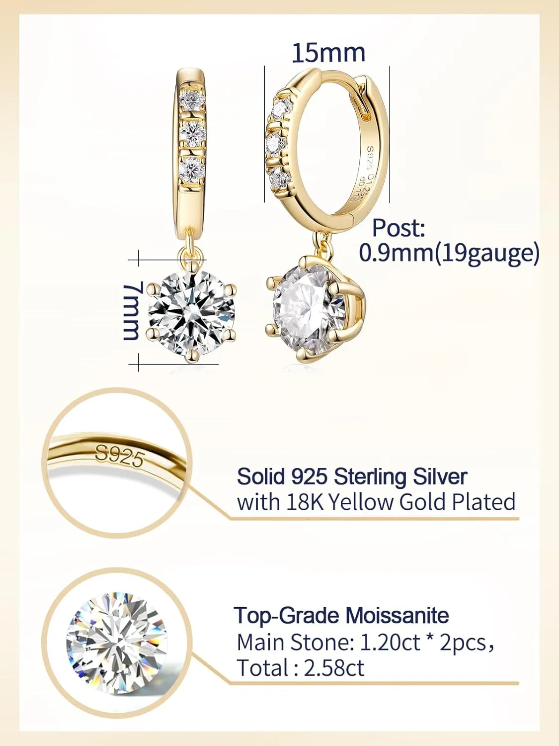 D Color VVS1 Clarity Moissanite Sparkle Dangle Hoop Earrings for Women, Radiant Cut/Pear Cut/Round Cut/Star/Sun, Solid 925 Sterling Silver, Anniversary Valentines Mother's Day Jewelry