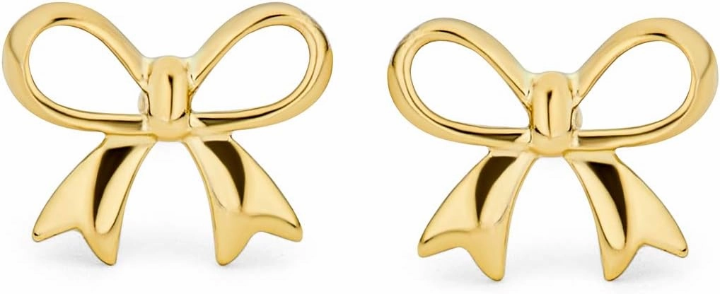 Dainty Tiny Birthday Present Ribbon Solid Real 14K Yellow Gold Mini Bow Stud Earrings Cartilage Ear Lobe Helix For Women Teen Safety Clutch Screw Back