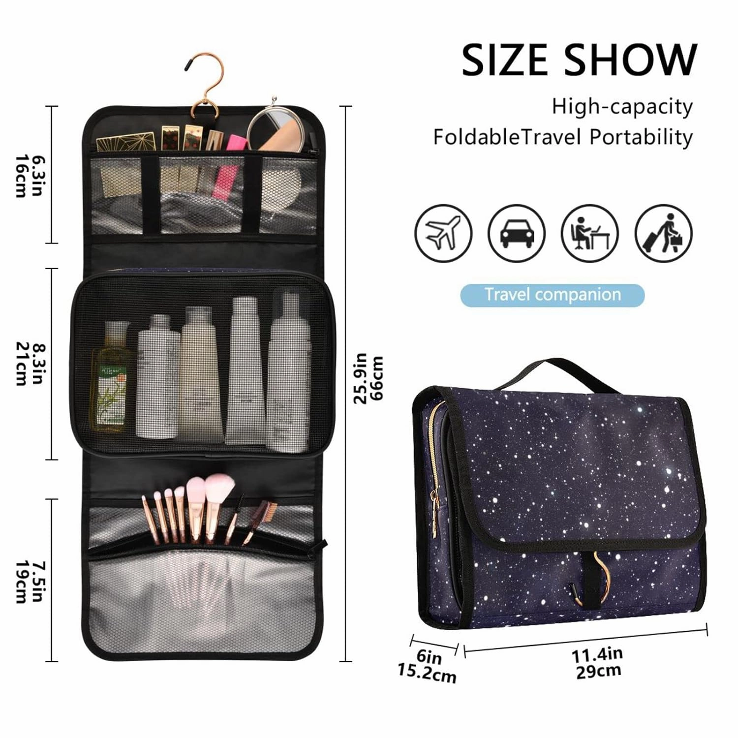 Dark Blue Galaxy Night Sky with Seamless Bright Stars 1 PC Hanging Toiletry Wash bag Portable Makeup Organizer Brush Storage Case Portable Travel Cosmetic with Hook