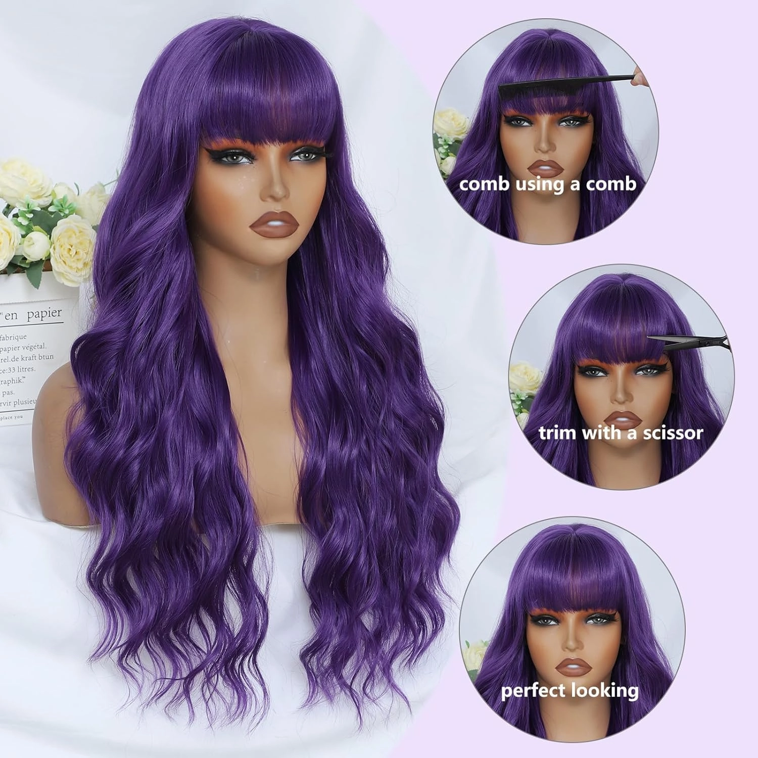 Dark Purple Wig with Bangs for Women Long Purple Wavy Wigs 26 Inch Dark Purple Wigs Natural Looking Heat Resistant Synthetic Wig for Daily Party Use