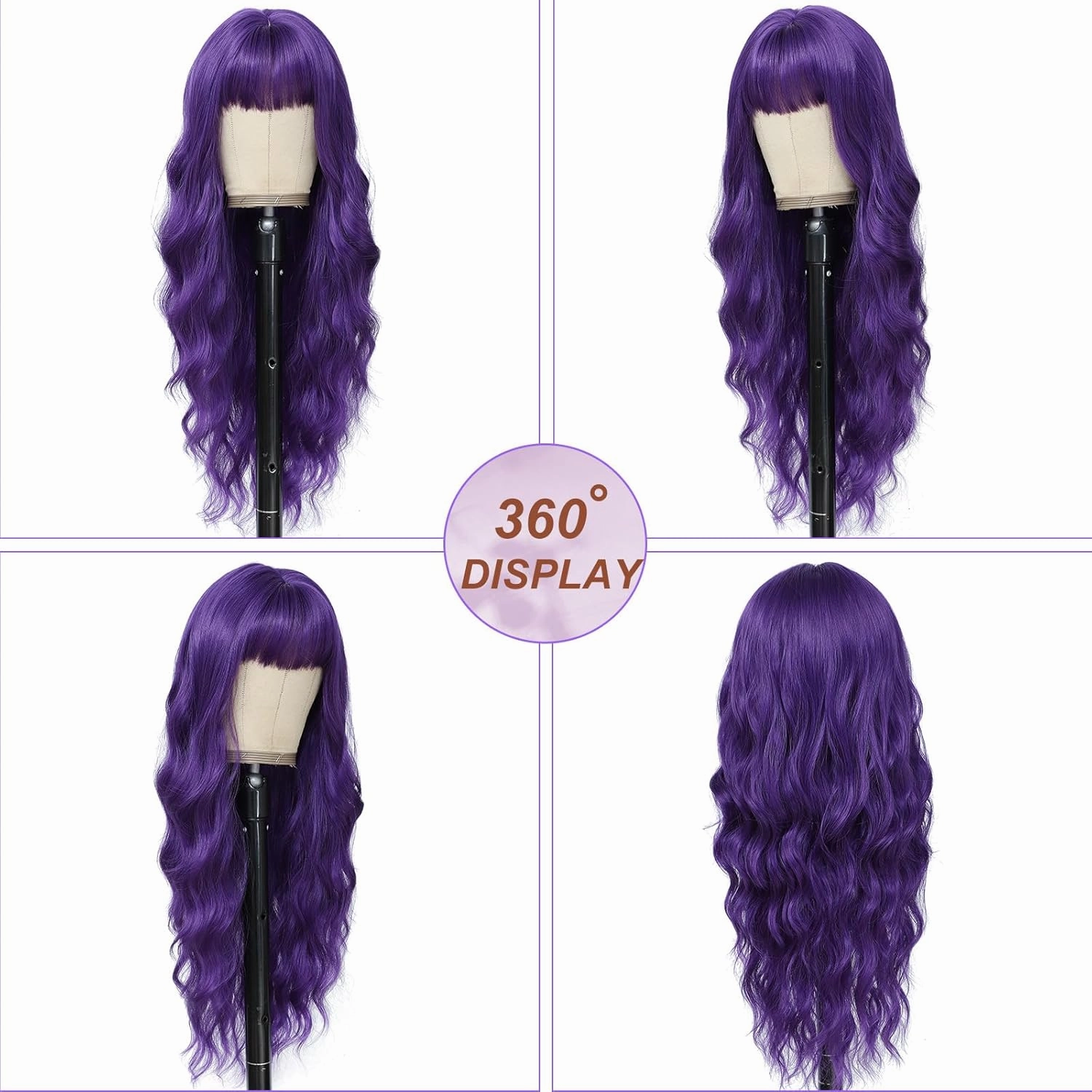 Dark Purple Wig with Bangs for Women Long Purple Wavy Wigs 26 Inch Dark Purple Wigs Natural Looking Heat Resistant Synthetic Wig for Daily Party Use