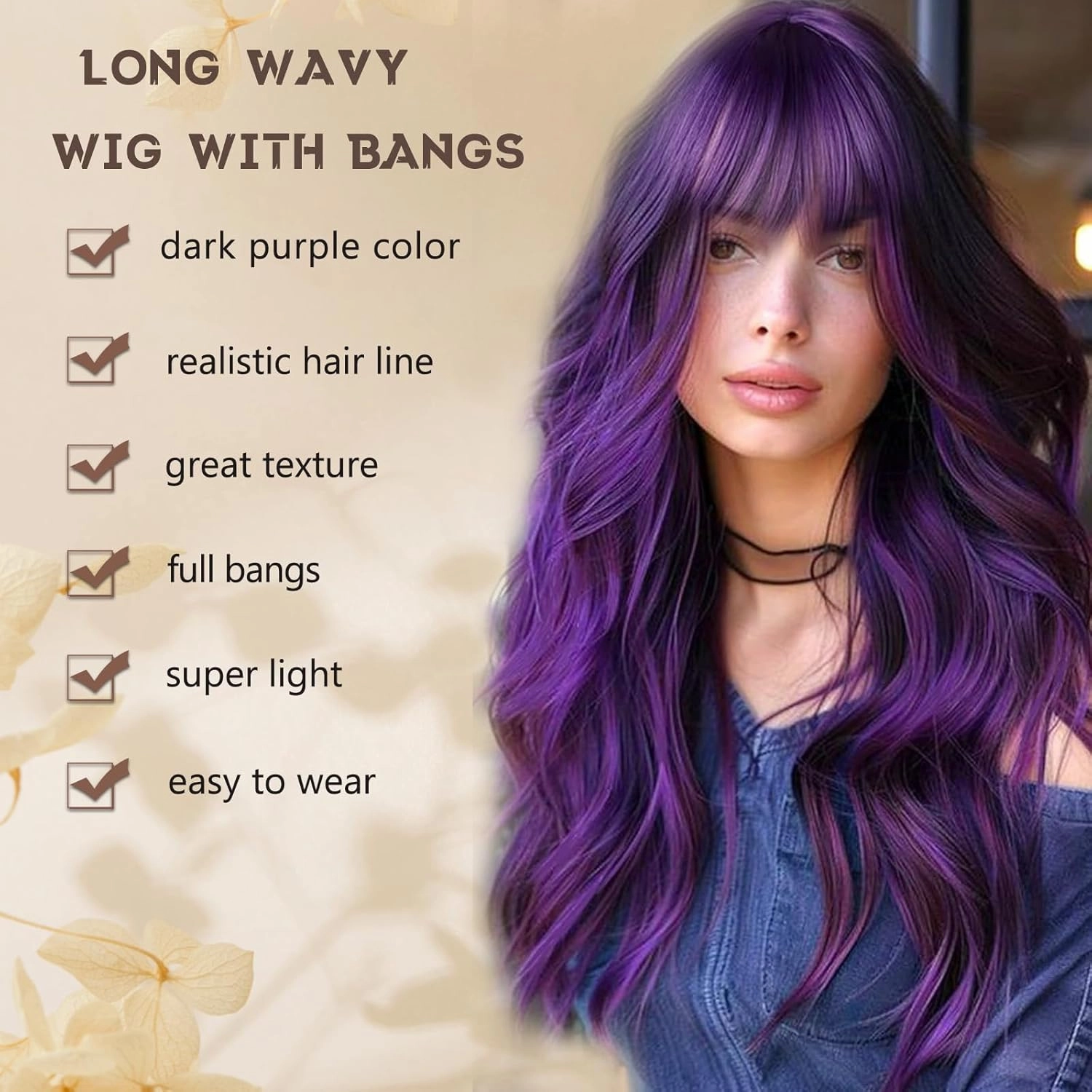 Dark Purple Wig with Bangs for Women Long Purple Wavy Wigs 26 Inch Dark Purple Wigs Natural Looking Heat Resistant Synthetic Wig for Daily Party Use