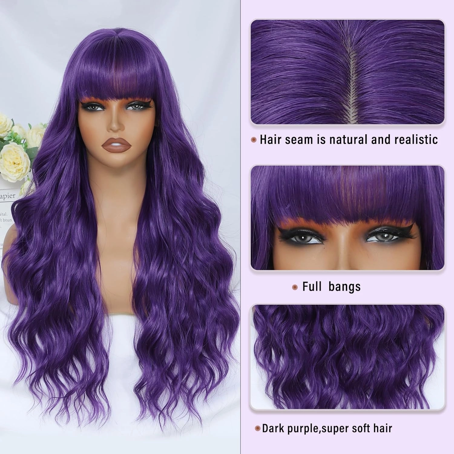 Dark Purple Wig with Bangs for Women Long Purple Wavy Wigs 26 Inch Dark Purple Wigs Natural Looking Heat Resistant Synthetic Wig for Daily Party Use
