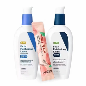 Day & Night Face Lotion Skin Care Bundle with Travel Honey Peach Moisturizer Cream (4ml) - AM with SPF 30 (89ml) & PM Face Moisturizer (89ml)
