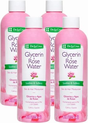 De La Cruz Rose Water and Glycerin for Face - Rosewater Facial Toner and Moisturizer for Skin and Hair 8 fl oz (236 mL) - 4 Bottles
