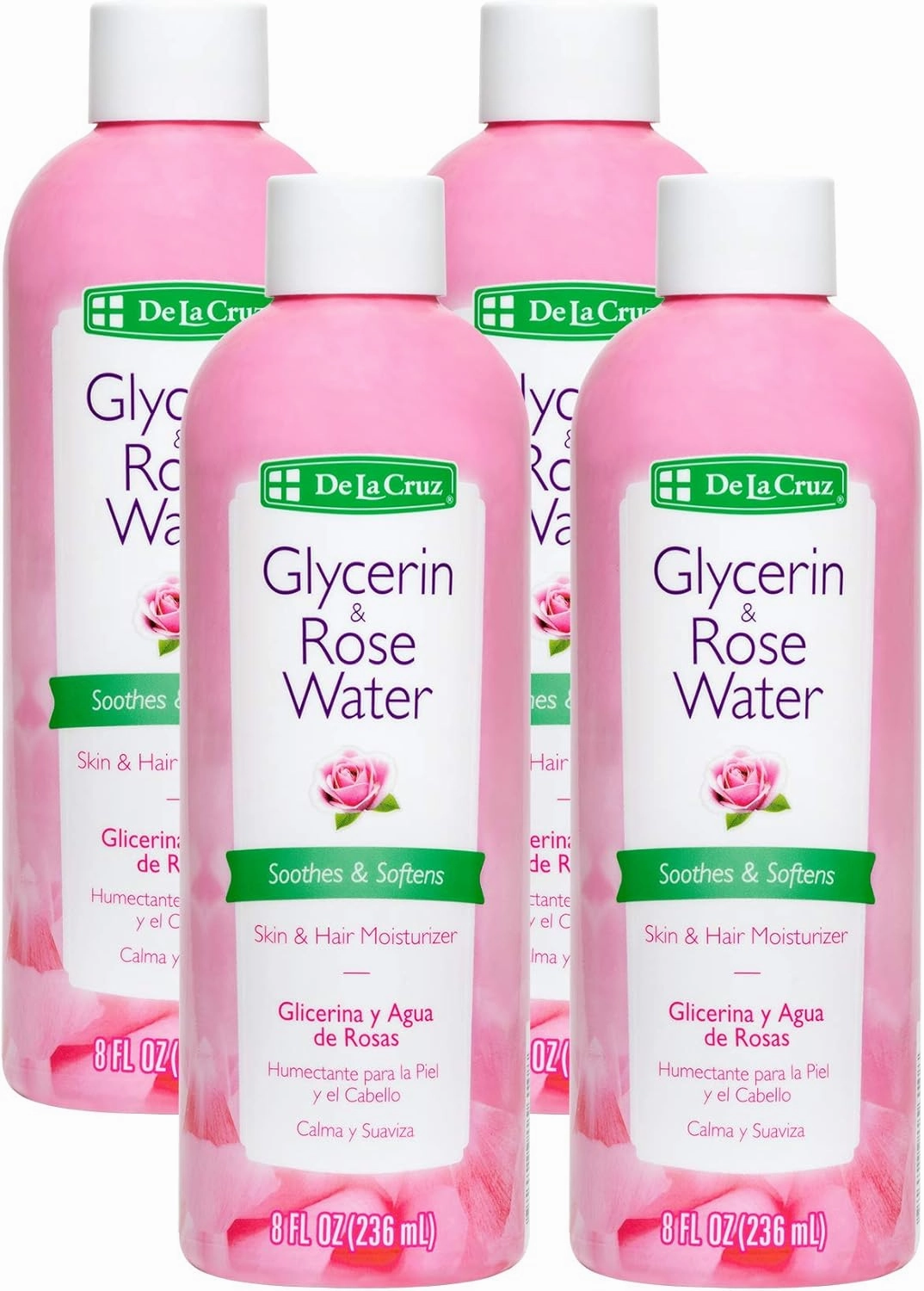 De La Cruz Rose Water and Glycerin for Face - Rosewater Facial Toner and Moisturizer for Skin and Hair 8 fl oz (236 mL) - 4 Bottles