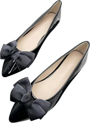 Dear Time Women's Bow Ballets Pointy Toe PU Leather Flats Shoes Slip-ons Casual Comfortable Loafers Walking Shoes for Women