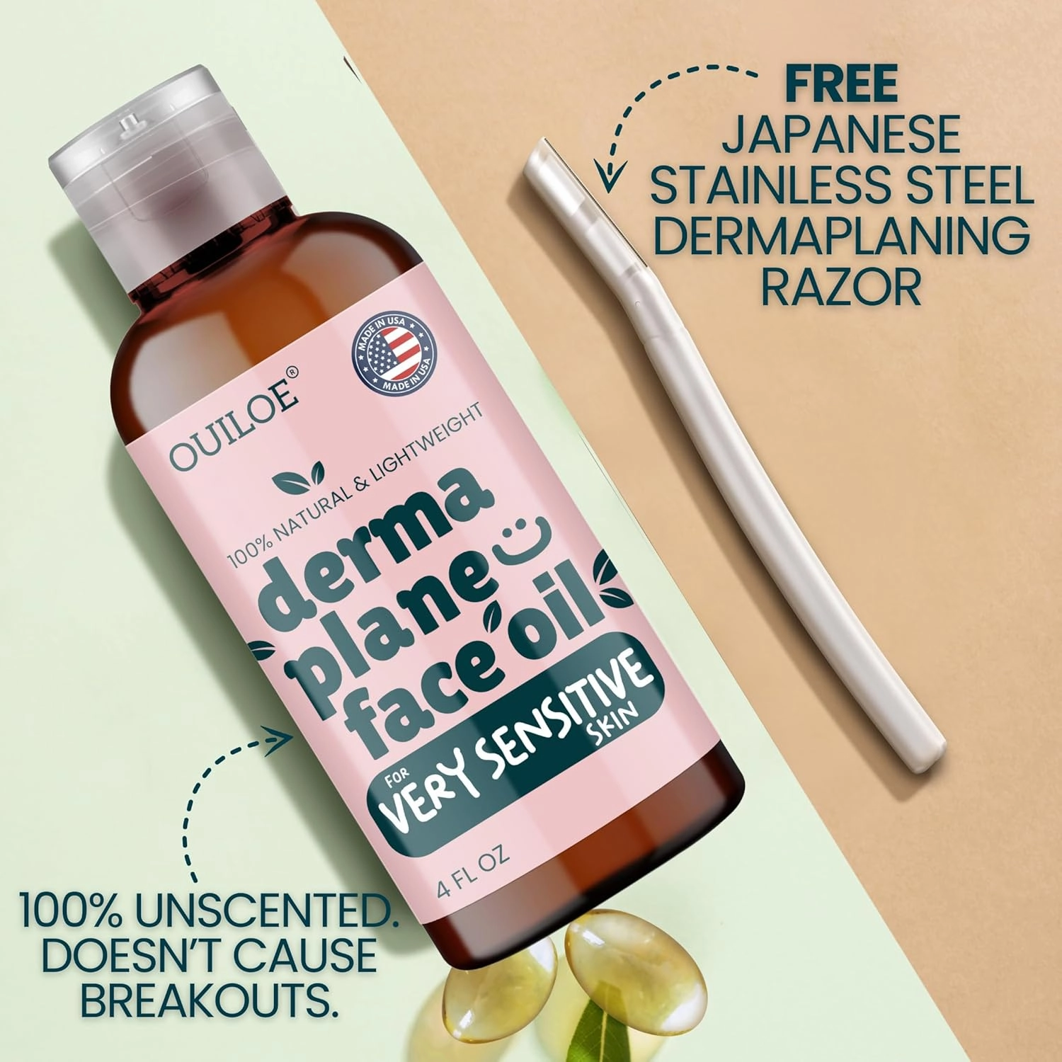Dermaplane Oil for Women with Very Sensitive Skin - Lightweight Face Shaving Oil, Natural Facial Shave Oil - Use with a Dermaplaning Tool, Razor, Shaver or Microblade for Close Shave 4oz by Ouiloe