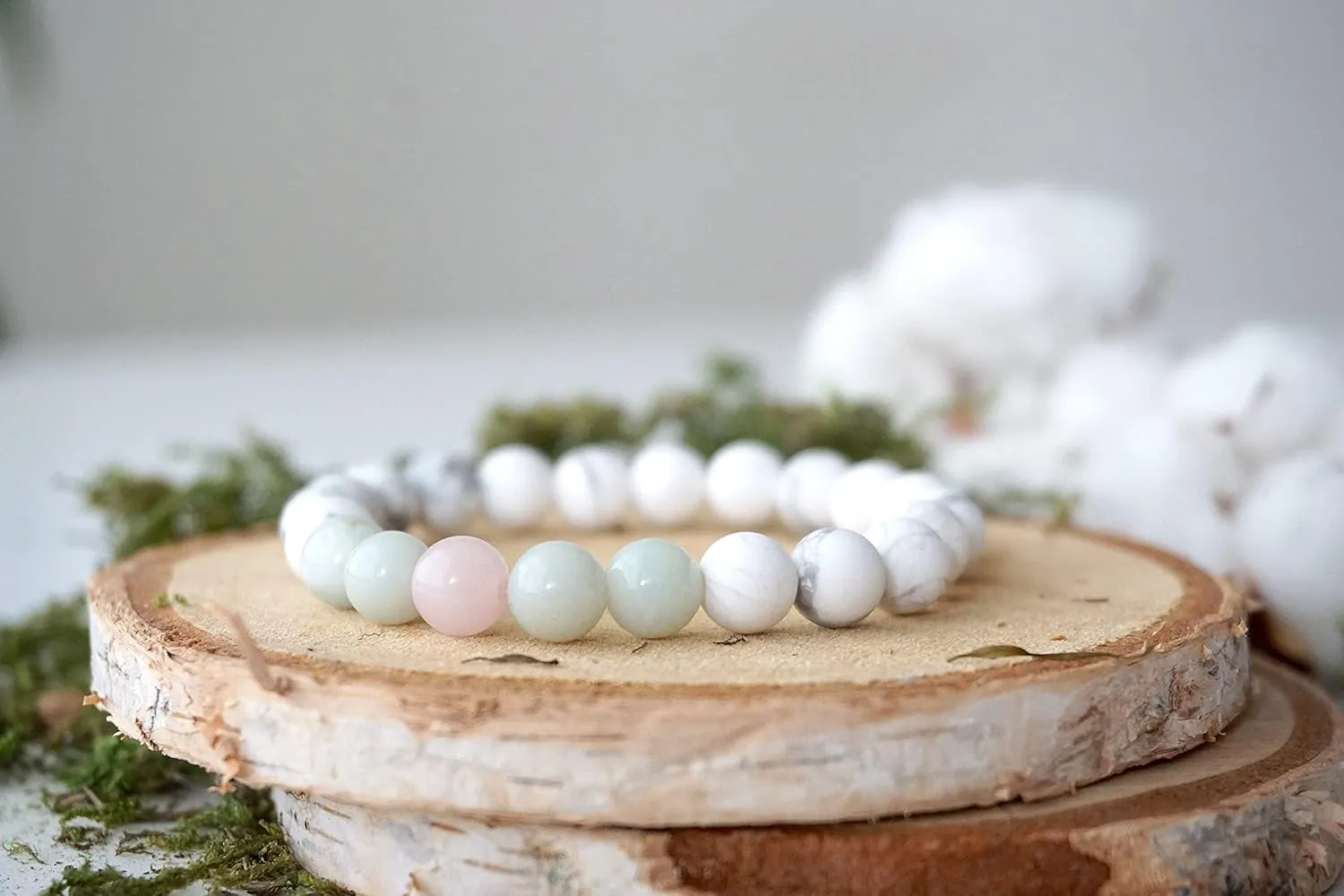 Designs by Nature Gems Handmade White Howlite Rose Quartz Blue Amazonite Mala Bracelet, January Birthstone