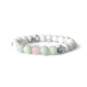 Designs by Nature Gems Handmade White Howlite Rose Quartz Blue Amazonite Mala Bracelet, January Birthstone