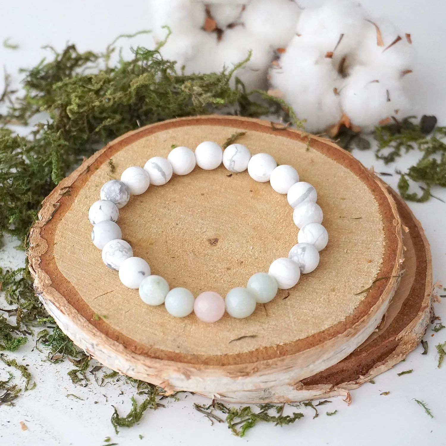 Designs by Nature Gems Handmade White Howlite Rose Quartz Blue Amazonite Mala Bracelet, January Birthstone
