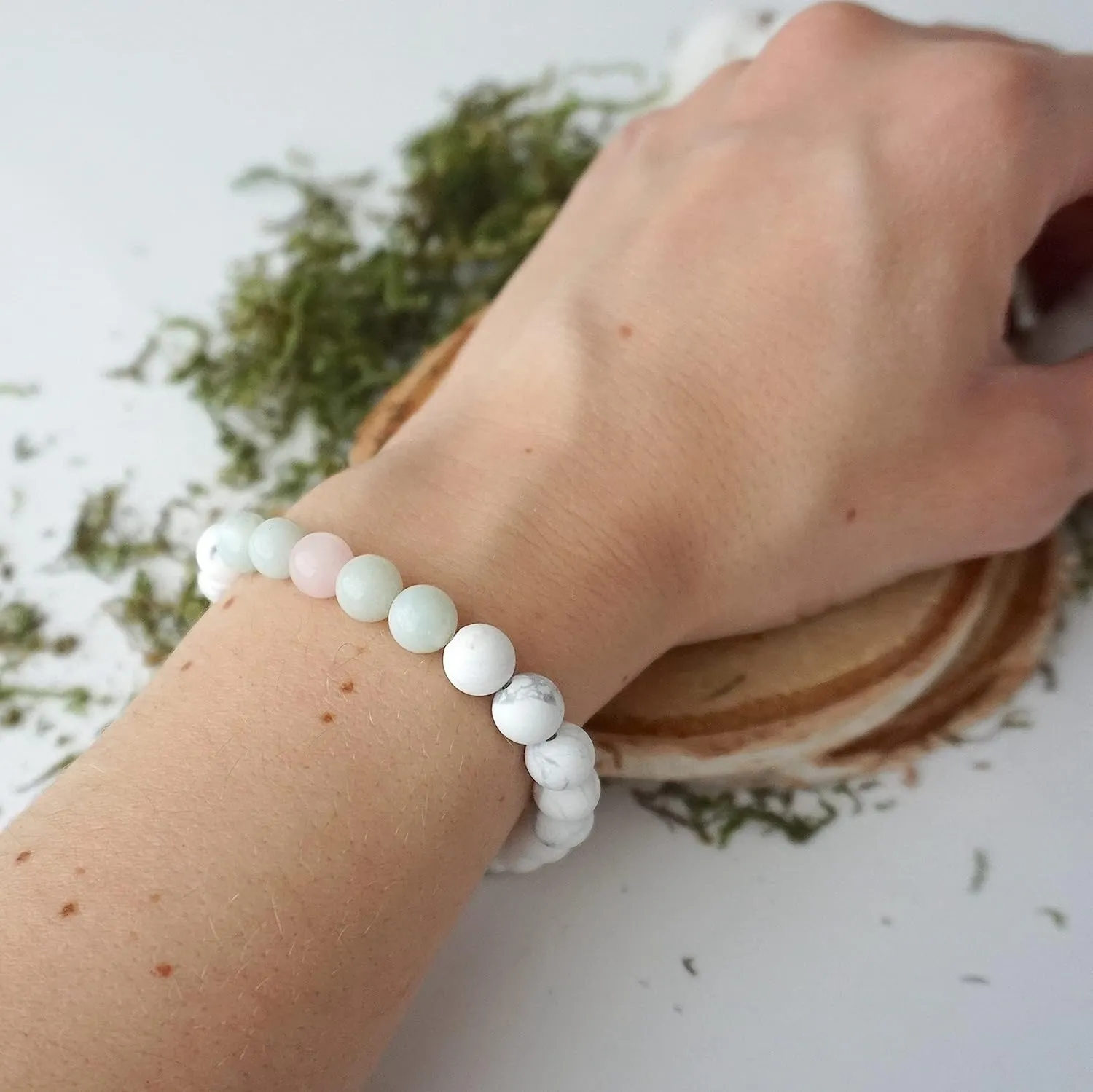 Designs by Nature Gems Handmade White Howlite Rose Quartz Blue Amazonite Mala Bracelet, January Birthstone