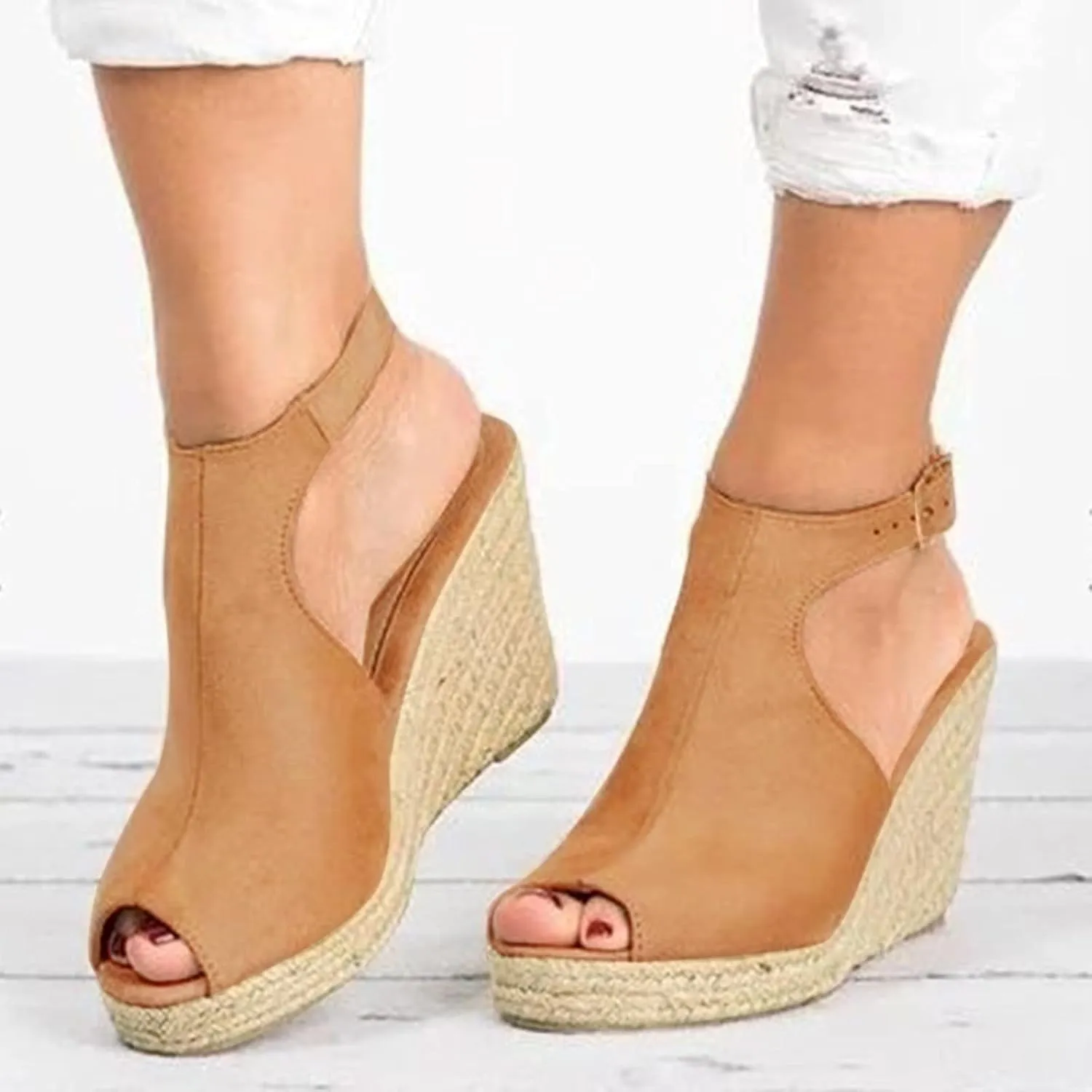 Dheva-C Wedge Sandals for Women Buckle Ankle Strap Open Toe Sandals for Women Dressy Summer Casual Sandals Comfortable Platform Shoes for Outdoor Melarey Mid Heel Wedge Sandals (Khaki-B, 5)