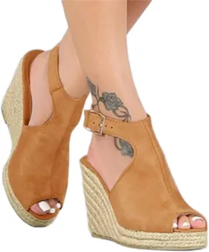 Dheva-C Wedge Sandals for Women Buckle Ankle Strap Open Toe Sandals for Women Dressy Summer Casual Sandals Comfortable Platform Shoes for Outdoor Melarey Mid Heel Wedge Sandals (Khaki-B, 5)