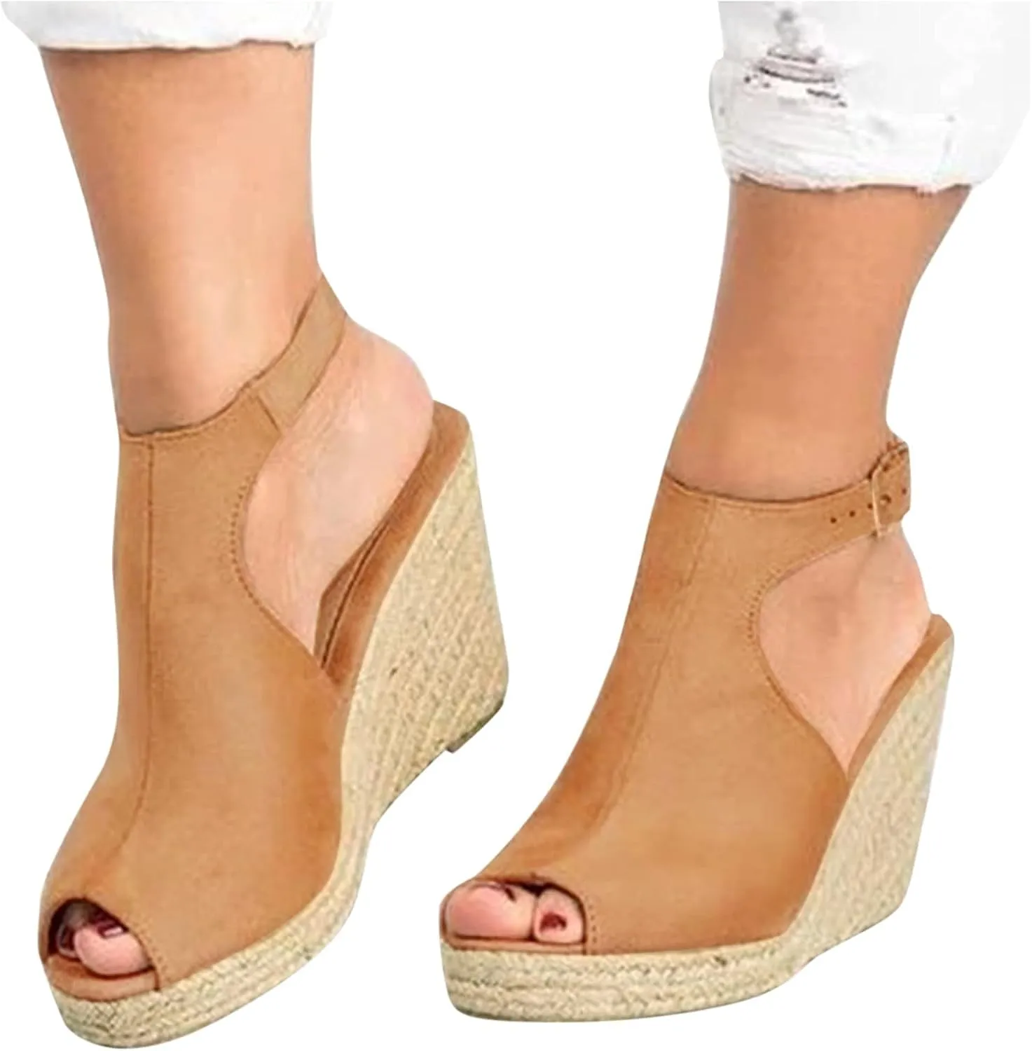 Dheva-C Wedge Sandals for Women Buckle Ankle Strap Open Toe Sandals for Women Dressy Summer Casual Sandals Comfortable Platform Shoes for Outdoor Melarey Mid Heel Wedge Sandals (Khaki-B, 5)