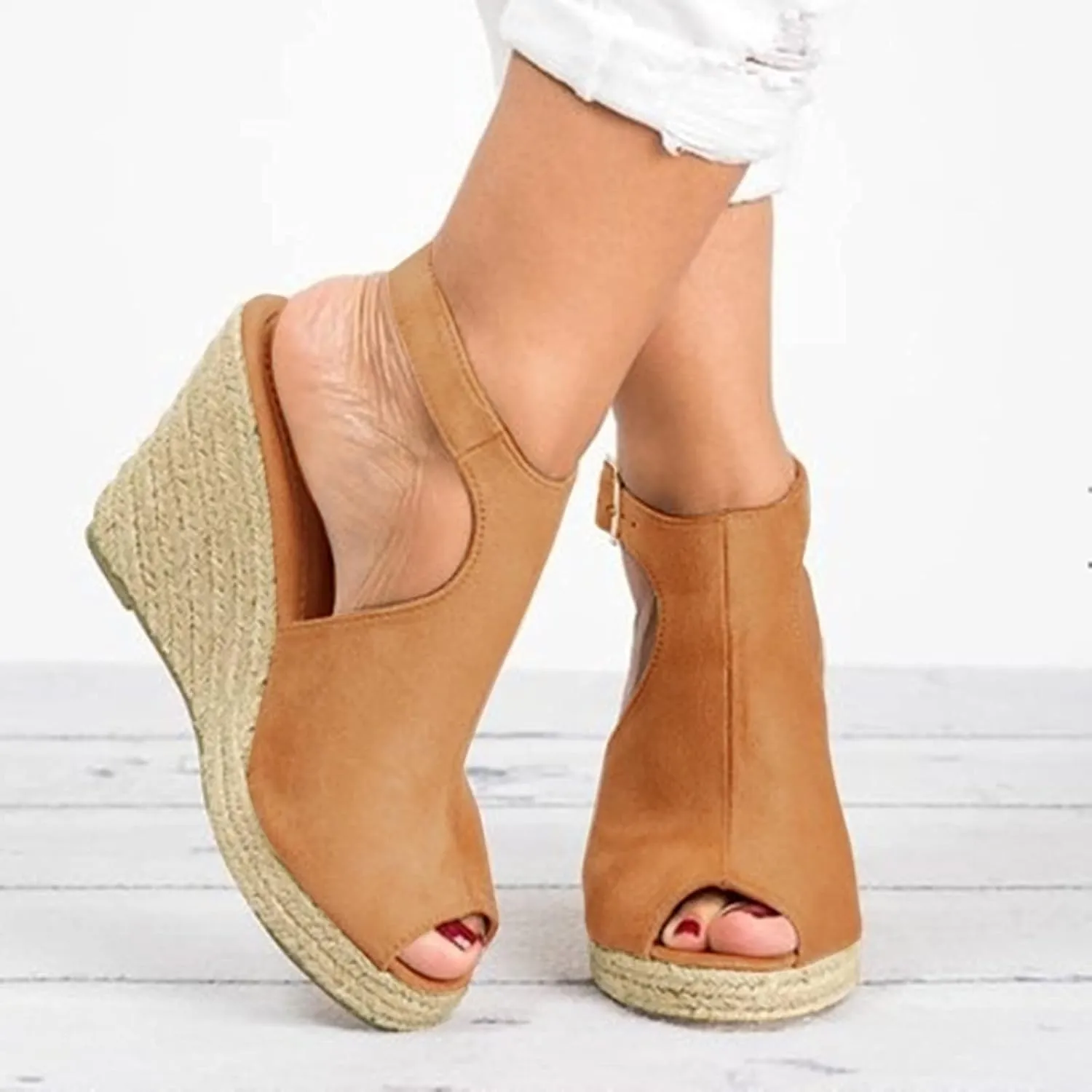 Dheva-C Wedge Sandals for Women Buckle Ankle Strap Open Toe Sandals for Women Dressy Summer Casual Sandals Comfortable Platform Shoes for Outdoor Melarey Mid Heel Wedge Sandals (Khaki-B, 5)
