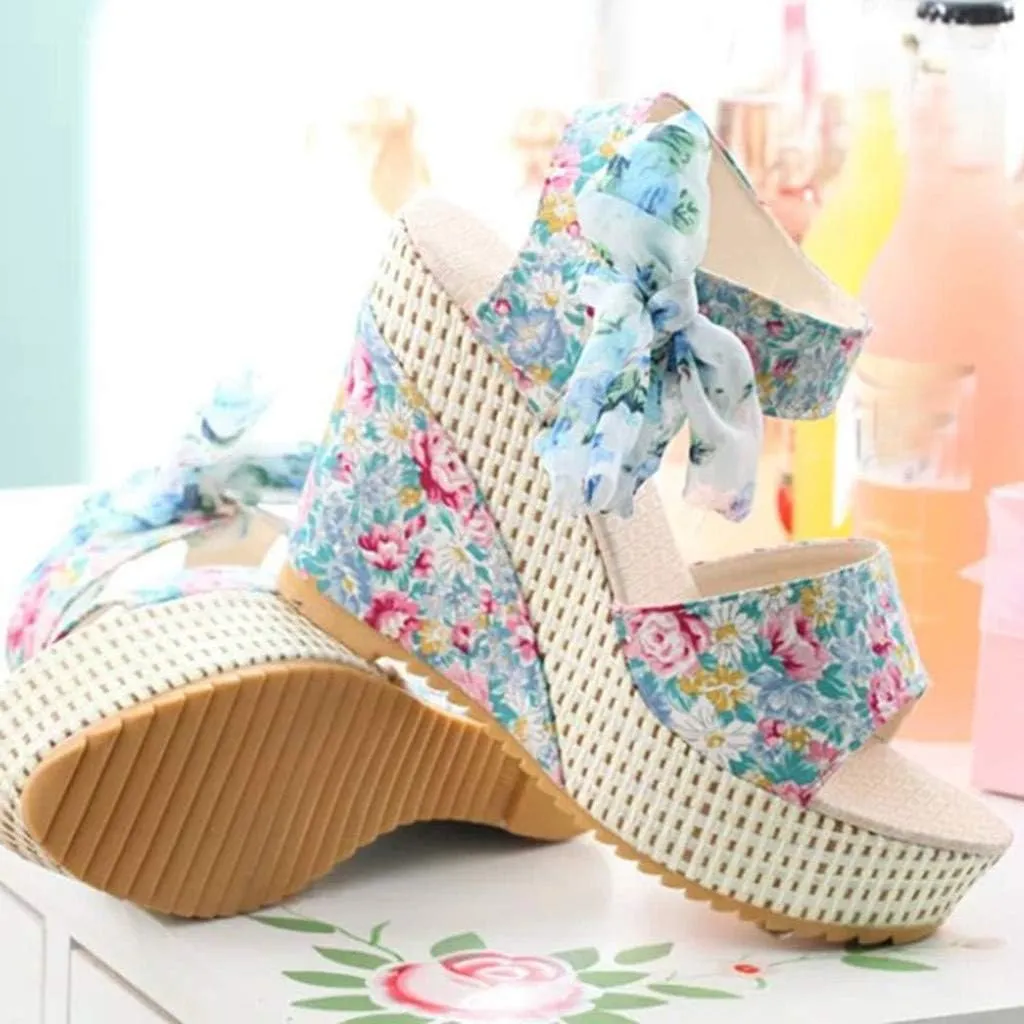 Dheva-C Wedge Sandals for Women Espadrilles Wedges Sandals Heels Open Toe Tie Lace Up Platform Ankle Strap Bowknot Summer Dress Sandals Beach Outdoor Shoes (Blue-c, 6)