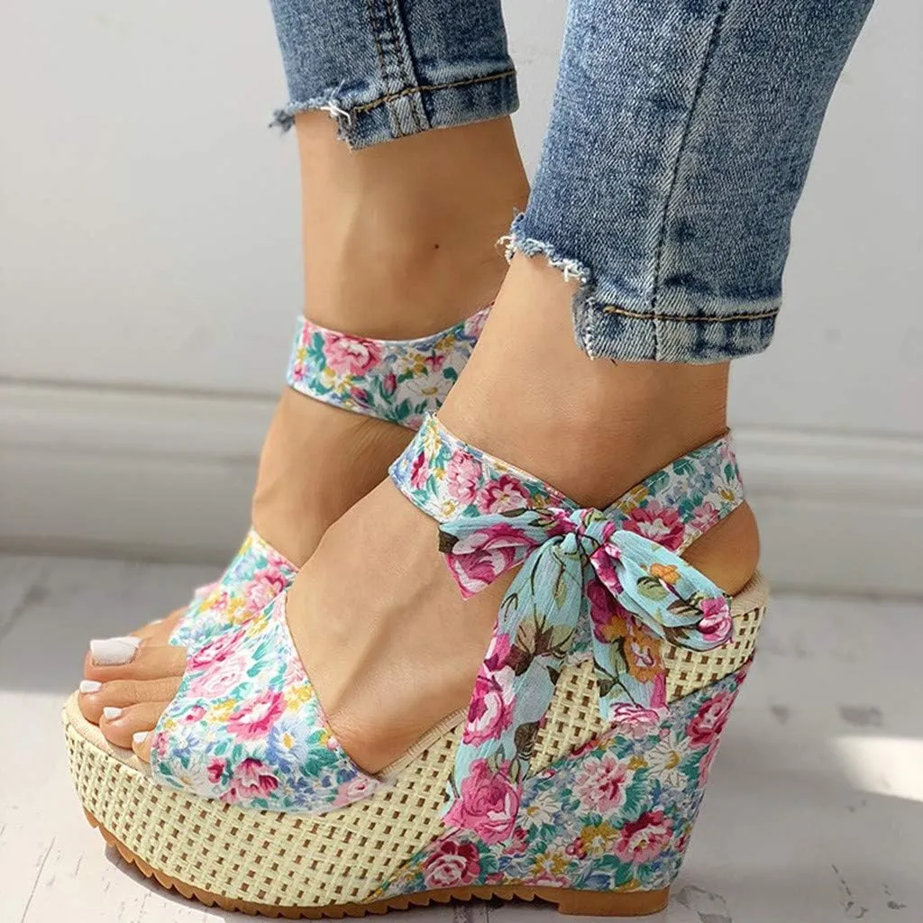 Dheva-C Wedge Sandals for Women Espadrilles Wedges Sandals Heels Open Toe Tie Lace Up Platform Ankle Strap Bowknot Summer Dress Sandals Beach Outdoor Shoes (Blue-c, 6)
