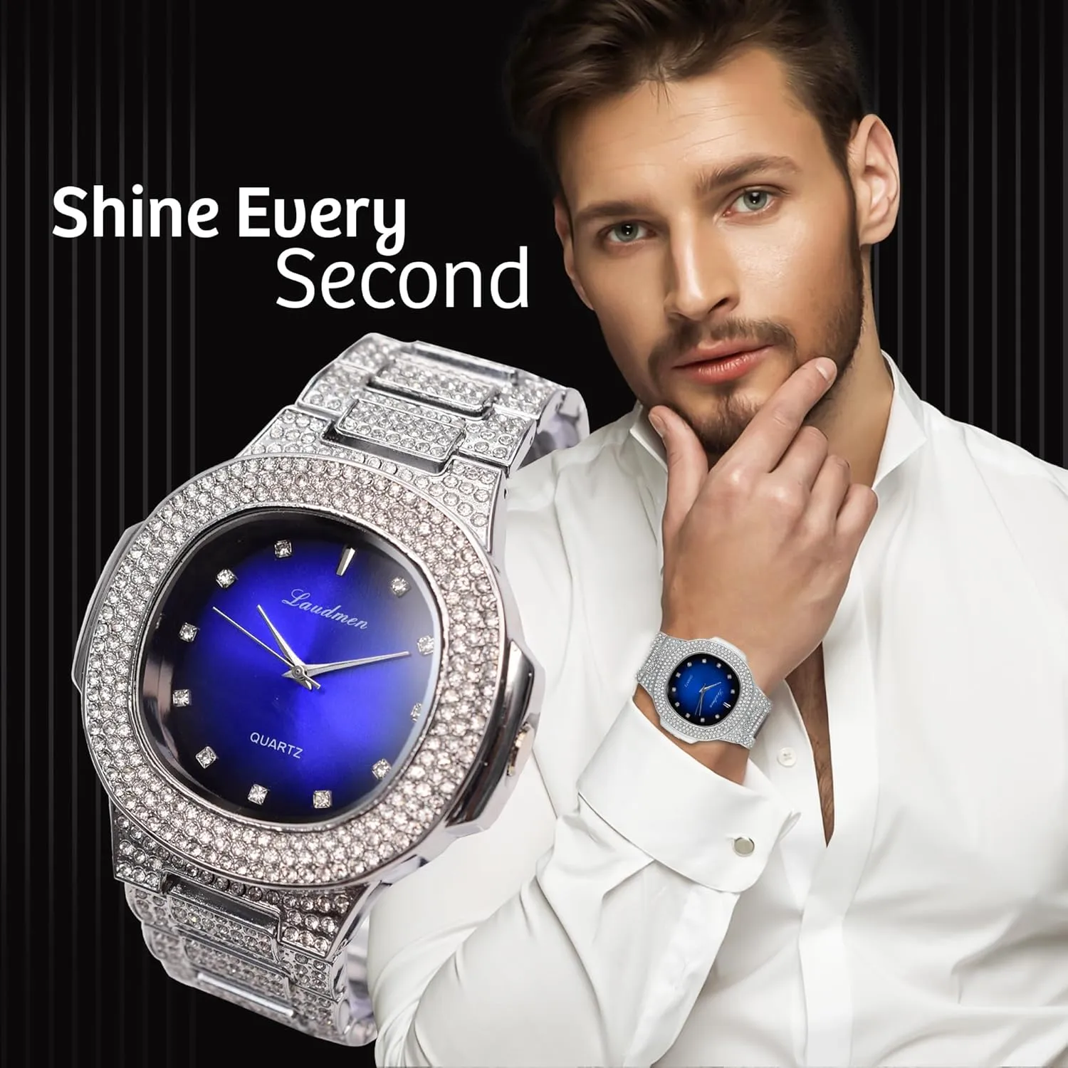 Diamond Solitaire Colorful Dial Heavy Gold Silver Plated Men's Quartz 46MM Square Dial Watch, Cuban Link 8 Inch Bracelet Set