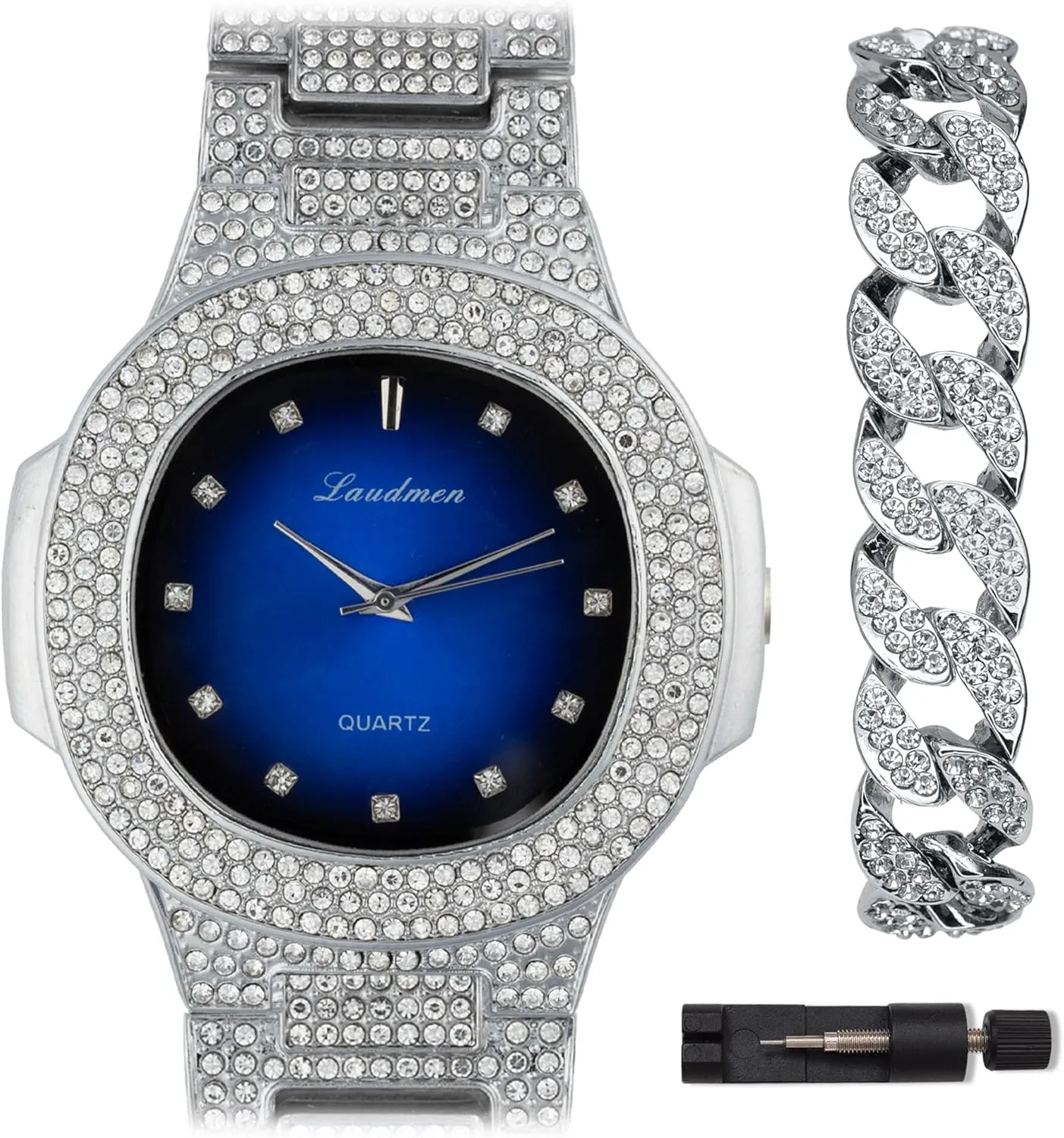 Diamond Solitaire Colorful Dial Heavy Gold Silver Plated Men's Quartz 46MM Square Dial Watch, Cuban Link 8 Inch Bracelet Set