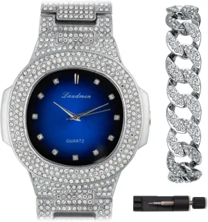 Diamond Solitaire Colorful Dial Heavy Gold Silver Plated Men's Quartz 46MM Square Dial Watch, Cuban Link 8 Inch Bracelet Set