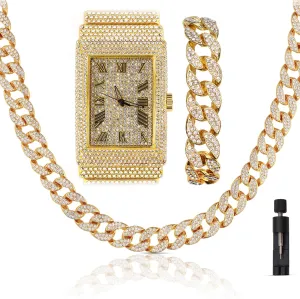 Diamonds Gold Silver Plated 50MM Rectangle Iced Out Watch, 18 Inch Cuban Link Luxury Necklace Chain with Bracelet Set for Men, GiftBox