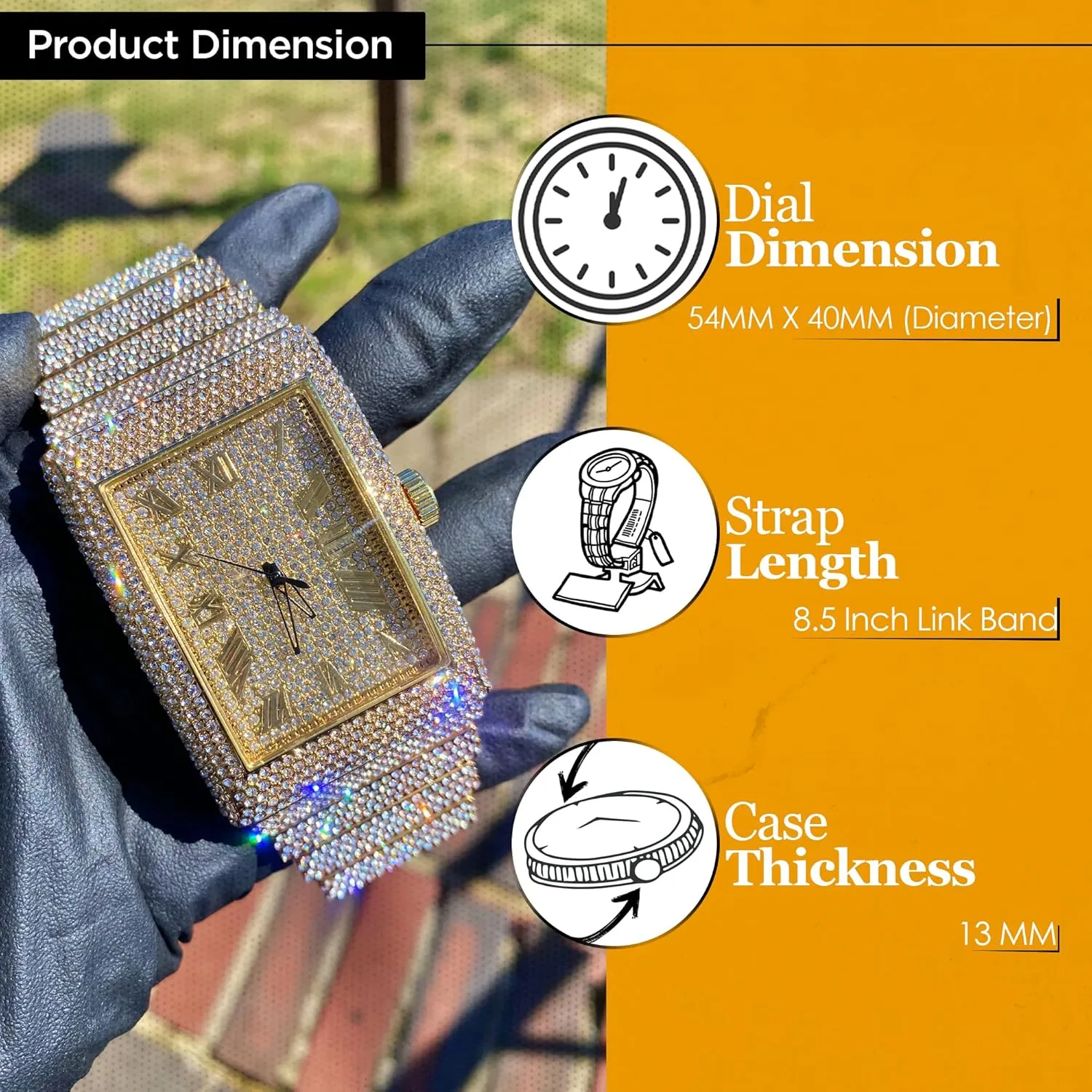 Diamonds Gold Silver Plated 50MM Rectangle Iced Out Watch, 18 Inch Cuban Link Luxury Necklace Chain with Bracelet Set for Men, GiftBox