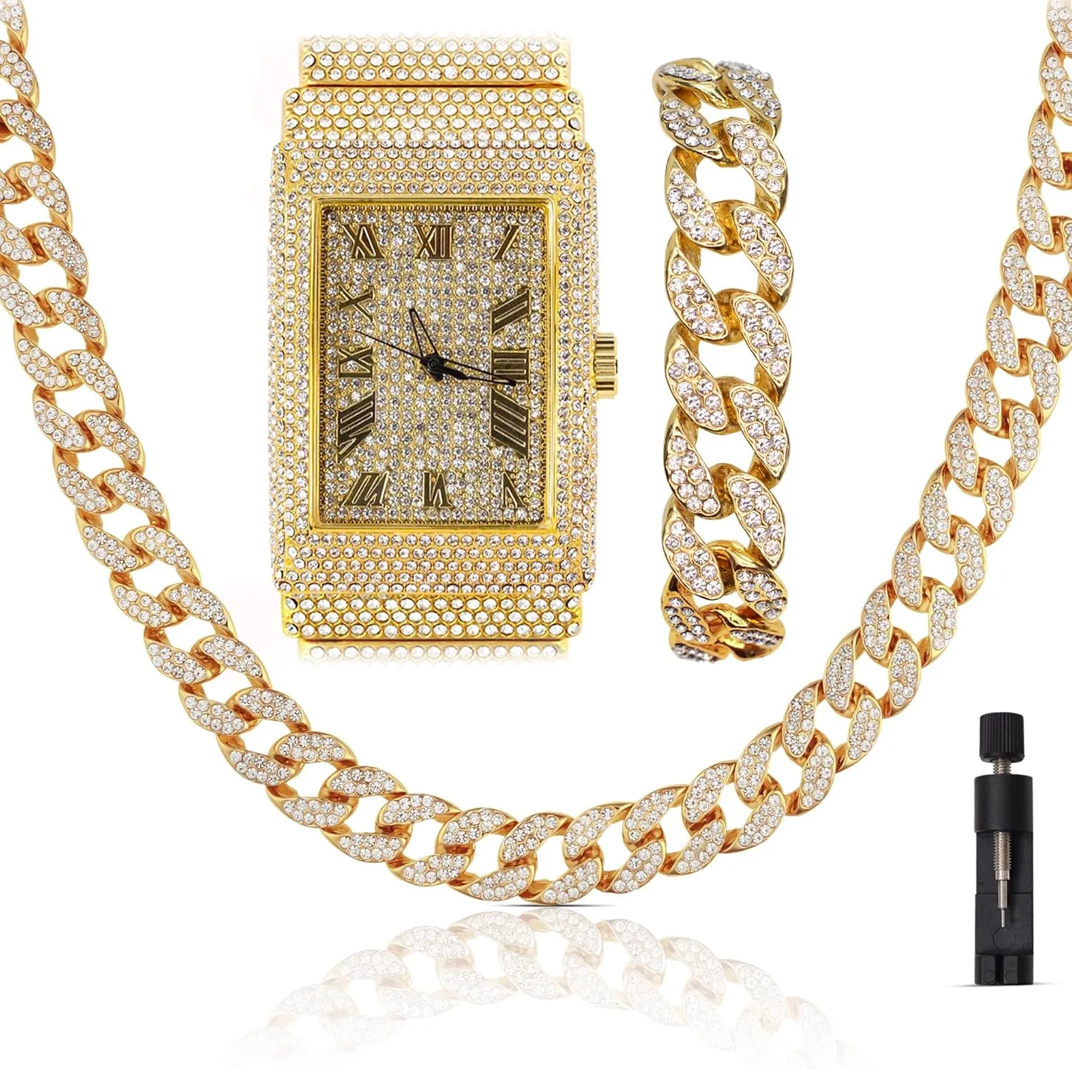 Diamonds Gold Silver Plated 50MM Rectangle Iced Out Watch, 18 Inch Cuban Link Luxury Necklace Chain with Bracelet Set for Men, GiftBox