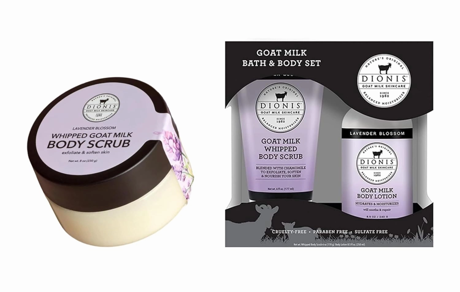 Dionis Goat Milk Lavender Whipped Body Scrub & Lotion Gift Set   Full-Size 8oz Scrub – Exfoliating & Moisturizing Duo with Gentle Chamomile, Paraben-Free, Cruelty-Free