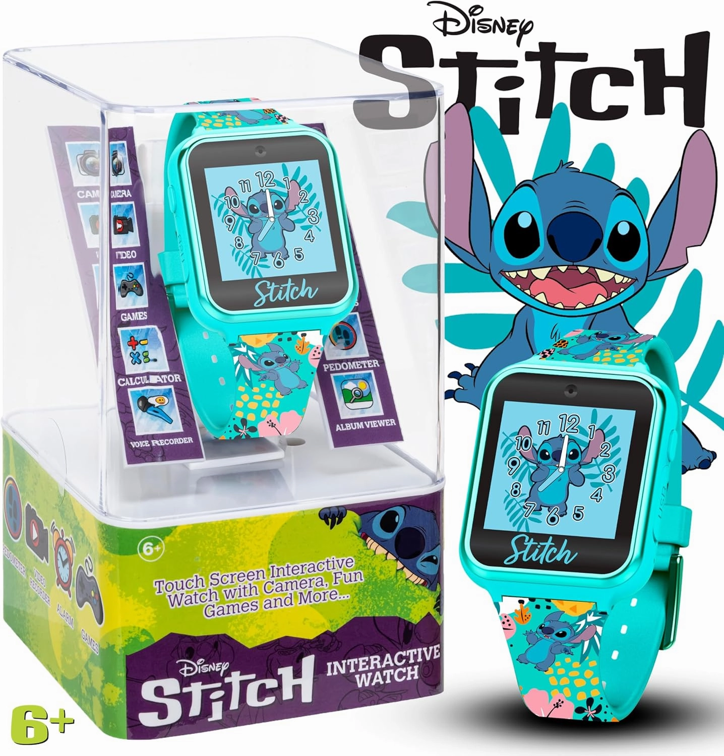 Disney Stitch Kids Smartwatch with Touchscreen, Camera, Games, Timer, Step Counter, Alarm & Calculator – Fun Interactive Watch with 10 Faces & Printed Silicone Strap – Fits Wrists 5.5" to 8"