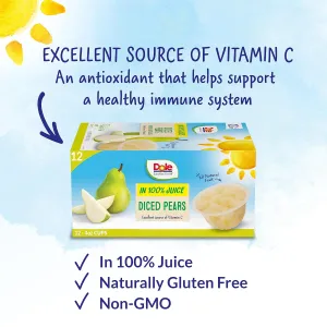 Dole Fruit Bowls Diced Pears in 100% Fruit Juice Snacks, 4oz 12 Total Cups, Gluten & Dairy Free, Bulk Lunch Snacks for Kids & Adults (Pack of 2)