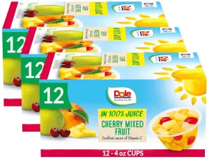 Dole Fruit Bowls Snacks Cherry Mixed Fruit in 100% Juice Snacks, 4oz 12 Total Cups, Gluten & Dairy Free, Bulk Lunch Snacks for Kids & Adults (Pack of 3)