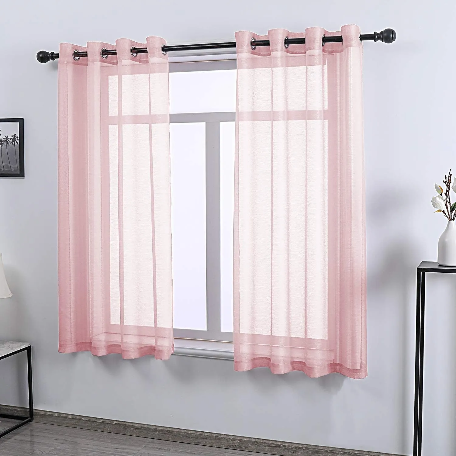 DONREN Peach Pink Sheer Curtain Panels for Girls Room - Textured Sheer Small Window Short Curtains for Kids Nursery (Grommet Top,52 by 45 Inch 2 Panels)