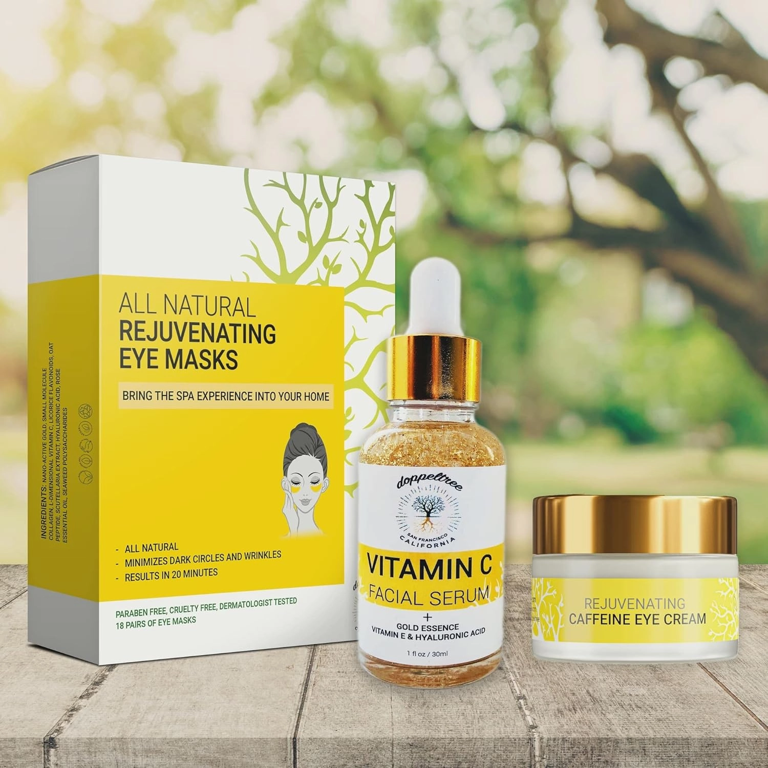 Doppeltree Radiant Eyes Revival Bundle | Caffeine Eye Cream   Vitamin C Serum   Gold Under Eye Mask