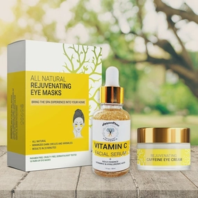 Doppeltree Radiant Eyes Revival Bundle | Caffeine Eye Cream   Vitamin C Serum   Gold Under Eye Mask